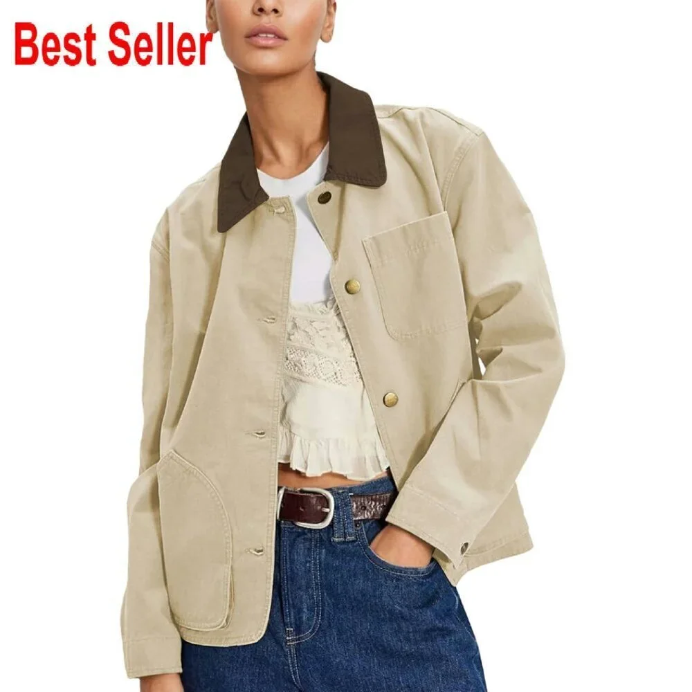 Oversized Cotton Barn Jacket Button Down Collar Casual Loose Fit Chic